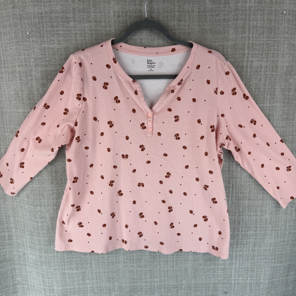 Kim Rogers T-Shirt Womens XL Pink V-Neck 3/4 Sleeve Polka Dot Lightweight Casual